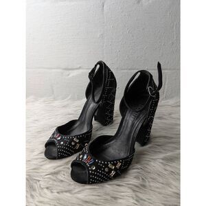 Schutz Black Nubuck/Faux Suede Crystal Embellished Sandals Chunky Platform Heels